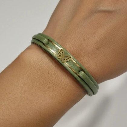 دستبند چرمی طلا زنانه با طرح پروانه